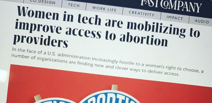 Screenshot of a news heading that says "women in tech are mobilizing to improve access to abortion providers"