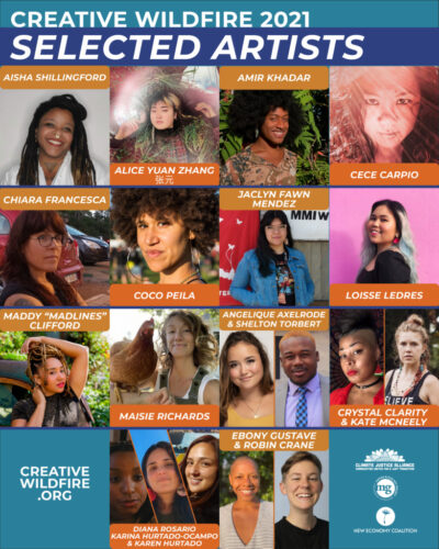 A graphic with pictures of Creative Wildfire's 2021 selected artists