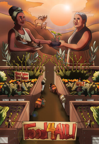 A drawing of two people farming together. There is a sign in the front that says "food for all"