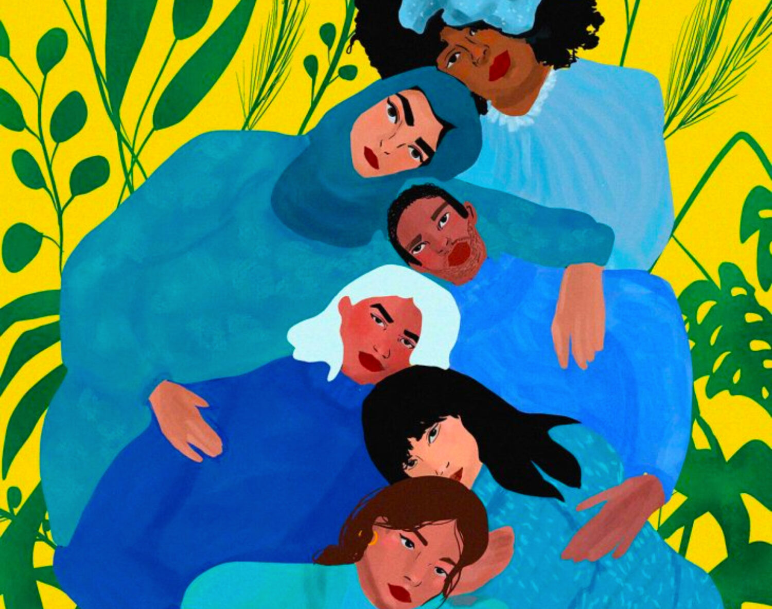 On top of a vibrant yellow background with green plants overlaid, four people of varying races and genders lay hugging each other. All are wearing blue toned clothes and looking straight on at the viewer. The style is illustration.
